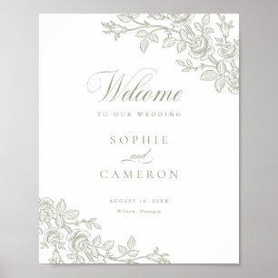 Póster Elegante Bienvenida de Boda Floral Vintage Verde S