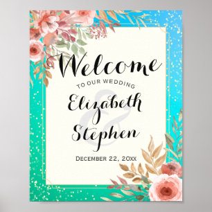 Póster Elegante Bienvenida de Boda Flores Rosadas con Lun