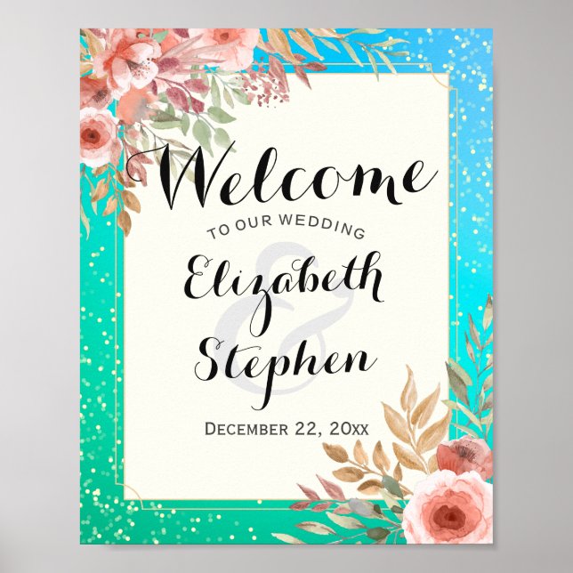 Póster Elegante Bienvenida de Boda Flores Rosadas con Lun (Frente)