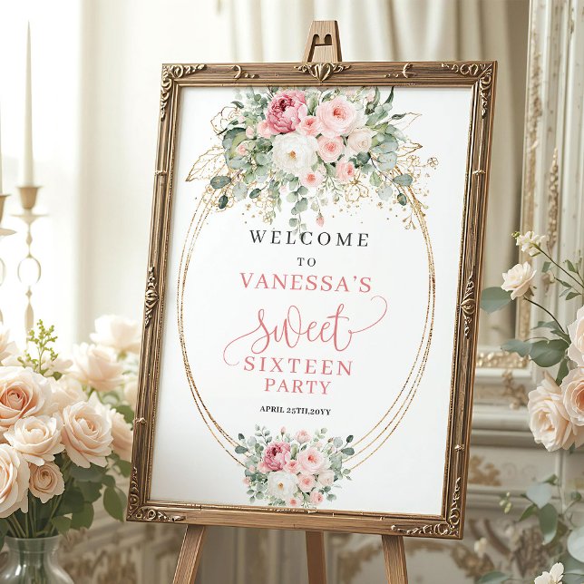 Póster Elegante Bienvenida de Dulces Dieciséis con Rosa y ( Blush pink flowers SWEET SIXTEEN,
rose gold 16th birthday welcome  ,
Watercolor Soft pastel floral )