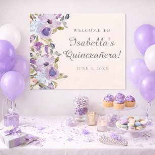 Póster Elegante Bienvenida de Quinceañera Floral Azul Lil