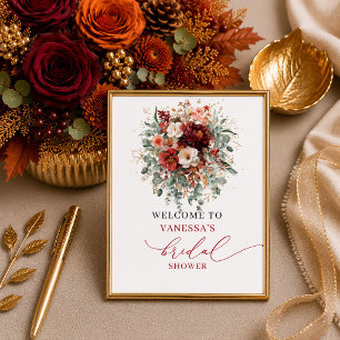 Póster Elegante bienvenida floral boho borgoña para ducha