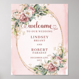Póster Elegante Bienvenida Floral Rosa Beige Eucalipto Do