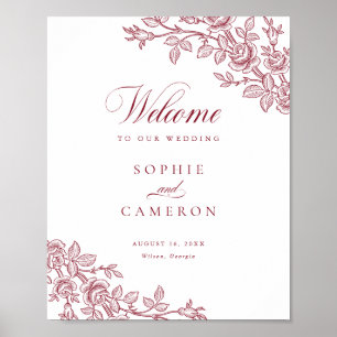 Póster Elegante Bienvenida Floral Vintage Burgundy Boda