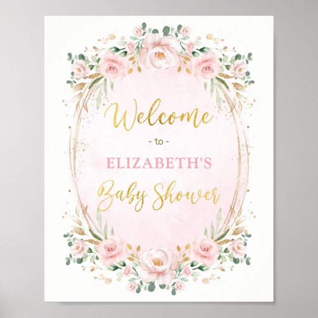 Póster Elegante Bienvenida para Baby Shower Rosa Floral e (Frente)