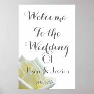 Póster Elegante bienvenida rosa blanco y boda plateado