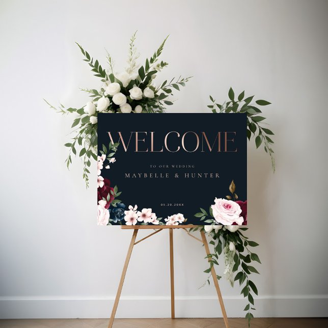 Póster Elegante bienvenida Rosa Gold Burgundy & Navy Flor (Elegant Welcome Rose Gold Burgundy & Navy Florals Poster)