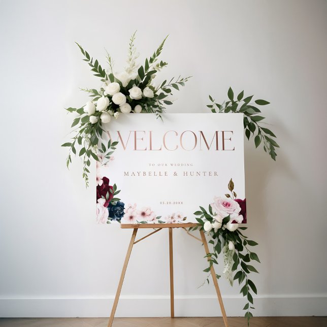 Póster Elegante bienvenida Rosa Gold Burgundy & Navy Flor (Elegant Welcome Rose Gold Burgundy & Navy Florals Poster)