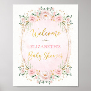 Póster Elegante bienvenida Rubor Pink Gold Floral a Baby 