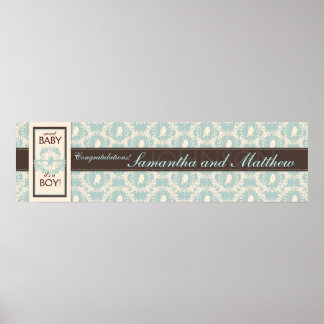 Póster Elegante Bird Damask Print Baby Shower Banner Boy