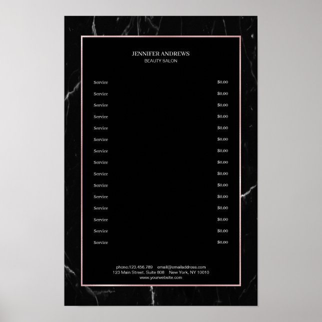 Póster Elegante Black Marble Rosegold Pricelist (Frente)