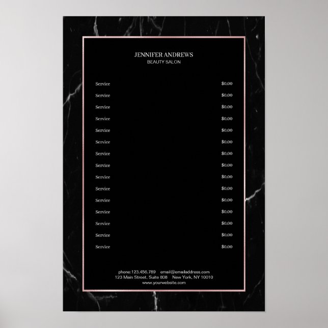 Póster Elegante Black Marble Rosegold Pricelist (Frente)