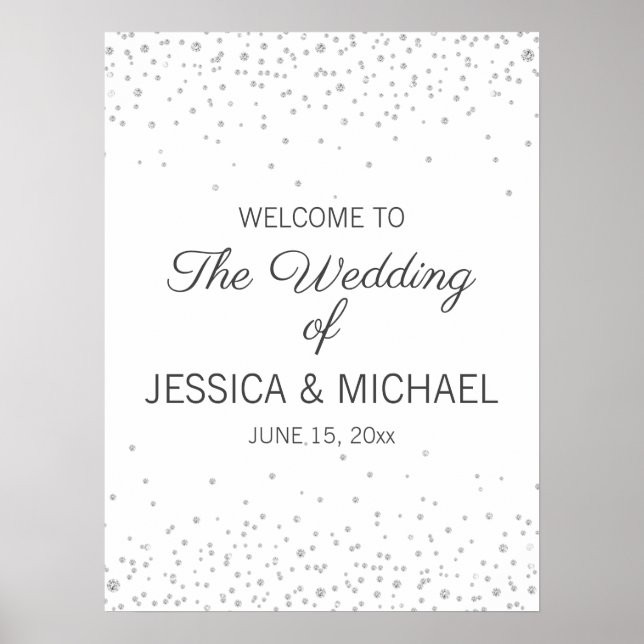 Póster Elegante Blanco Plata Diamante Brillo Boda (Frente)