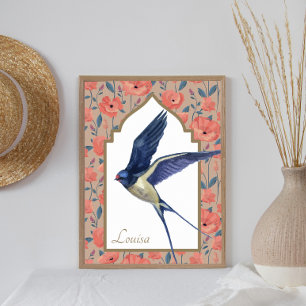 Póster Elegante Blue Bird Sparrow Poppies Personalizado W