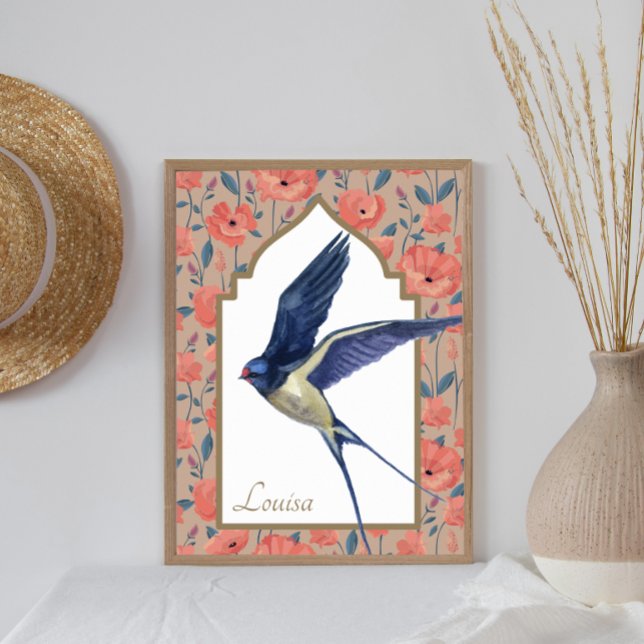 Póster Elegante Blue Bird Sparrow Poppies Personalizado W (Subido por el creador)