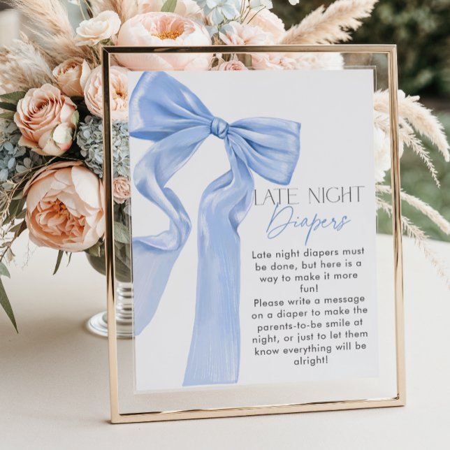 Póster Elegante Blue Bow Baby Shower Late Night Diapers (Subido por el creador)