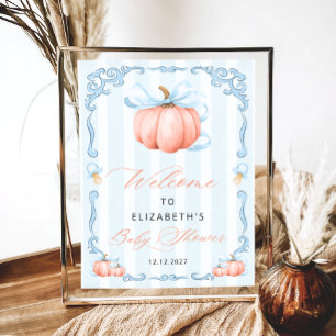 Póster Elegante Blue Bow Cute Pumpkin Baby Shower