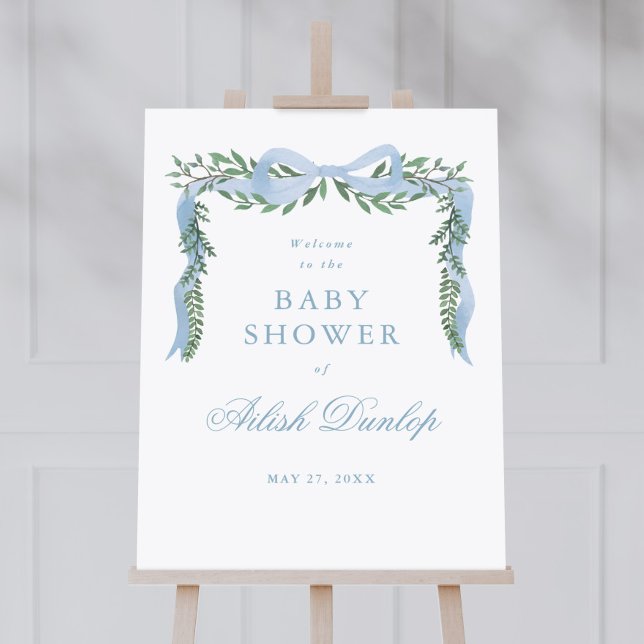 Póster Elegante Blue Bow Greenery Boy Baby Shower Welcome (Elegant blue bow baby shower welcome poster. Available as a  printed poster or an instant download. )