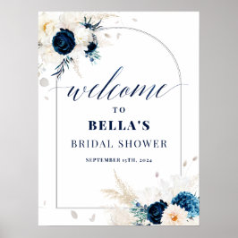 Póster Elegante Blue Floral Bridal Shower Poster de bienv