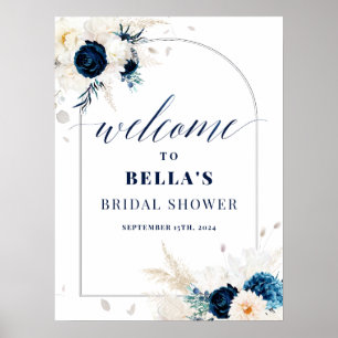 Póster Elegante Blue Floral Bridal Shower Poster de bienv