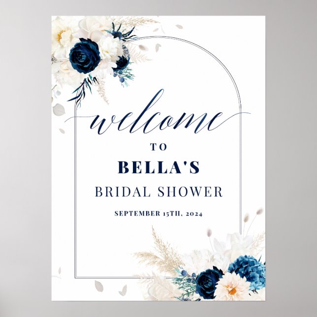 Póster Elegante Blue Floral Bridal Shower Poster de bienv (Frente)