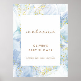 Póster Elegante Blue Gold Agate Boy Baby Shower Bienvenid