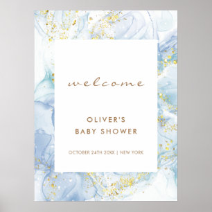 Póster Elegante Blue Gold Agate Boy Baby Shower Bienvenid