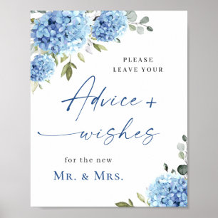 Póster Elegante Blue Hydrangea Consejos y Deseos Boda