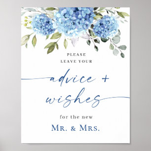 Póster Elegante Blue Hydrangea Consejos y Deseos Boda