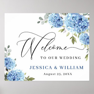 Póster Elegante Blue Hydrangea Eucalyptus Boda Bienvenida