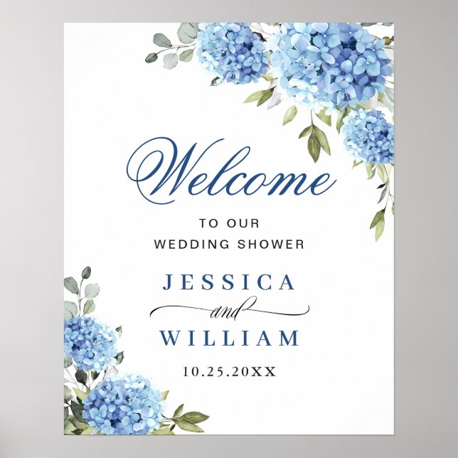 Póster Elegante Blue Hydrangea Eucalyptus Boda Bienvenida (Frente)