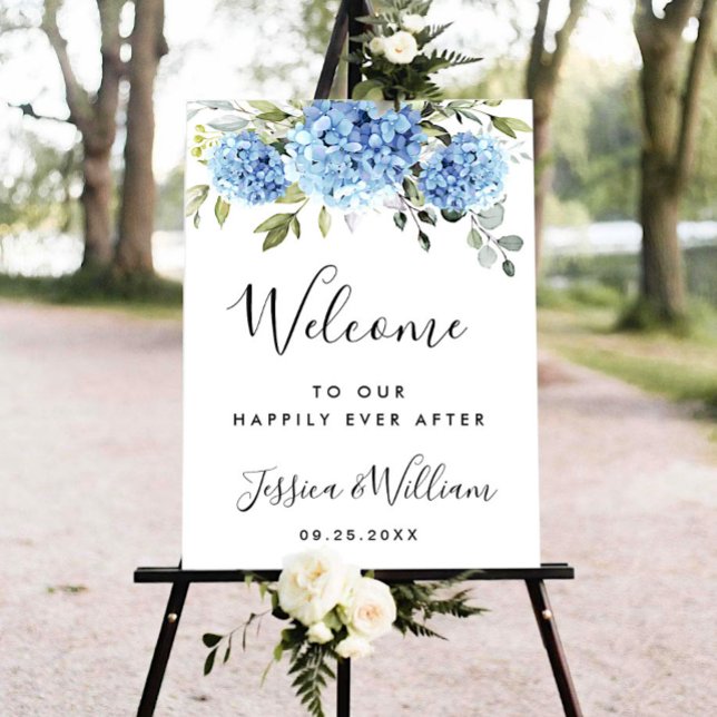 Póster Elegante Blue Hydrangea Eucalyptus Boda Bienvenida (Subido por el creador)