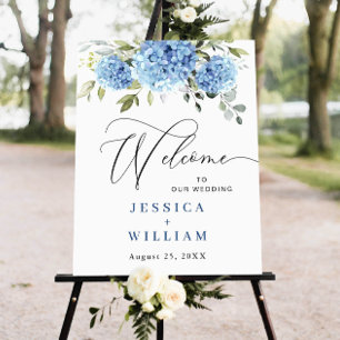 Póster Elegante Blue Hydrangea Eucalyptus Boda Bienvenida