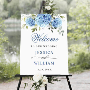 Póster Elegante Blue Hydrangea Eucalyptus Boda Bienvenida