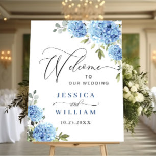 Póster Elegante Blue Hydrangea Eucalyptus Boda Bienvenida