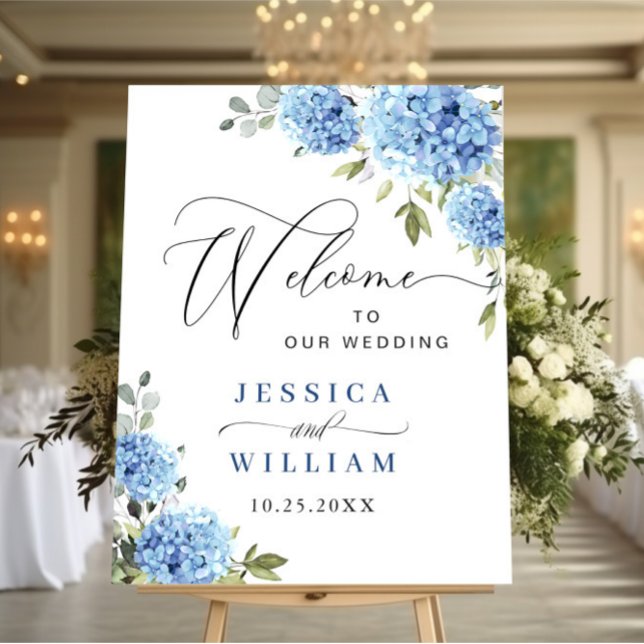 Póster Elegante Blue Hydrangea Eucalyptus Boda Bienvenida (Subido por el creador)