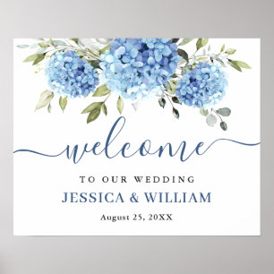 Póster Elegante Blue Hydrangea Eucalyptus Boda Bienvenida
