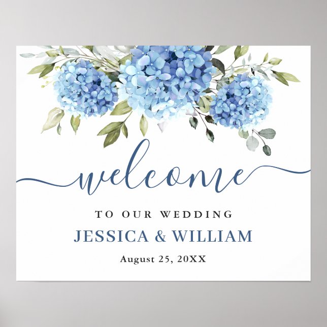 Póster Elegante Blue Hydrangea Eucalyptus Boda Bienvenida (Frente)