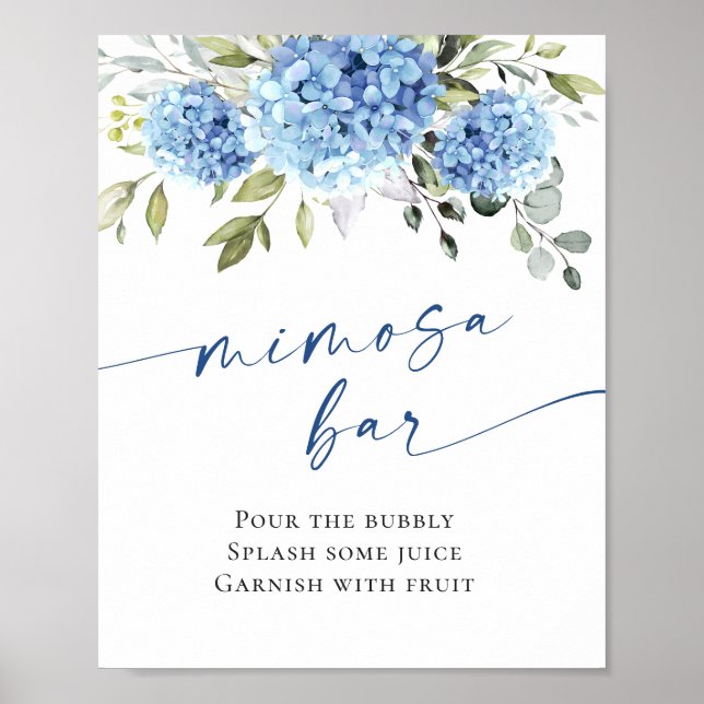 Póster Elegante Blue Hydrangea Mimosa Bar Boda (Frente)