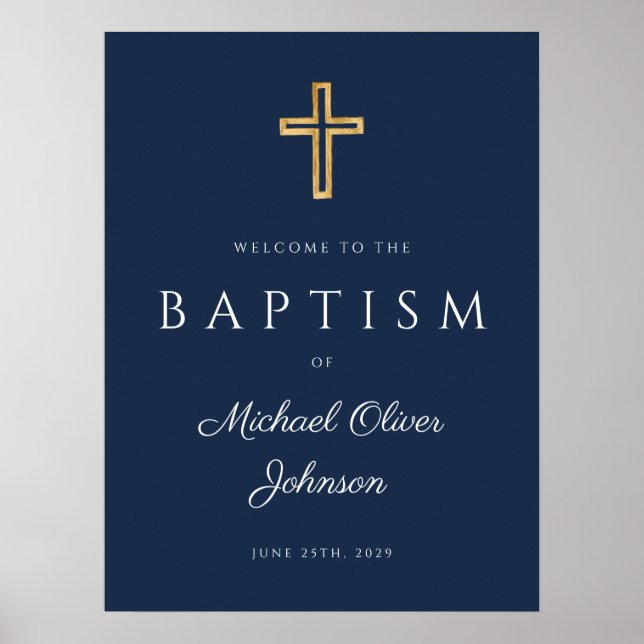 Póster Elegante Blue Religious Cross Boy Baptism Bienveni (Frente)