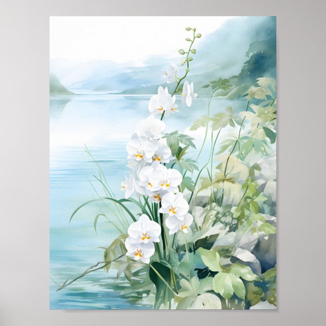 Póster Elegante Blue River Orchid Watercolor Bouquet (Frente)