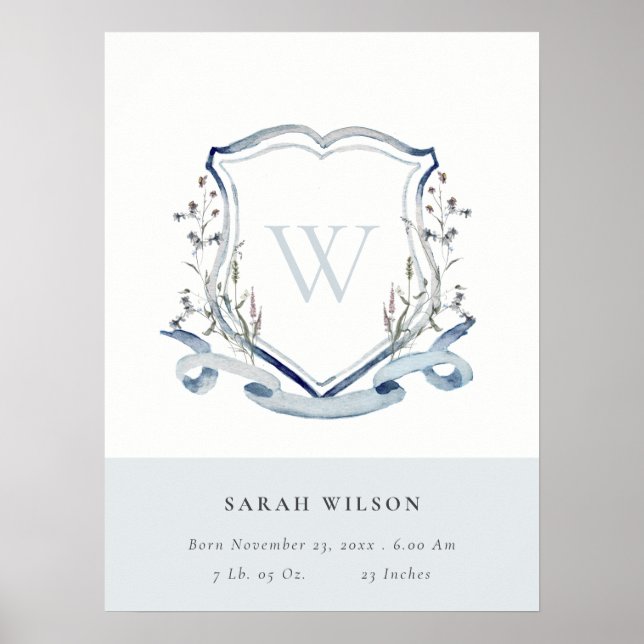 Póster elegante Blue Wildflower Monograma Escudo Birth St (Frente)