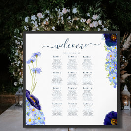 Póster Elegante Boda Azul Floral 12 Tabla de asientos