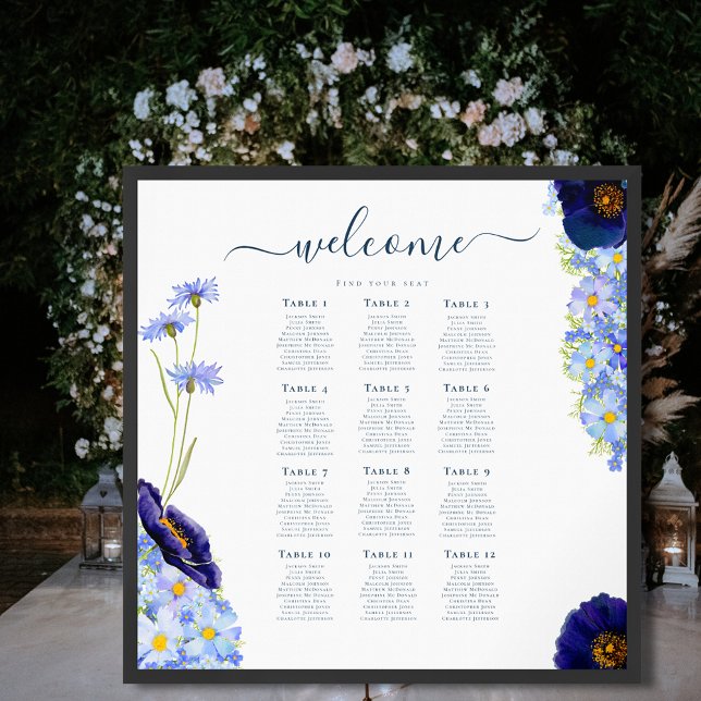 Póster Elegante Boda Azul Floral 12 Tabla de asientos (Elegant blue floral Wildflower wedding 12 table seating chart poster )