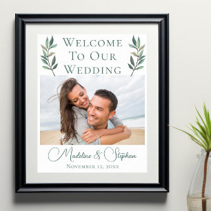 Póster Elegante Boda botánico Pareja Foto Bienvenida
