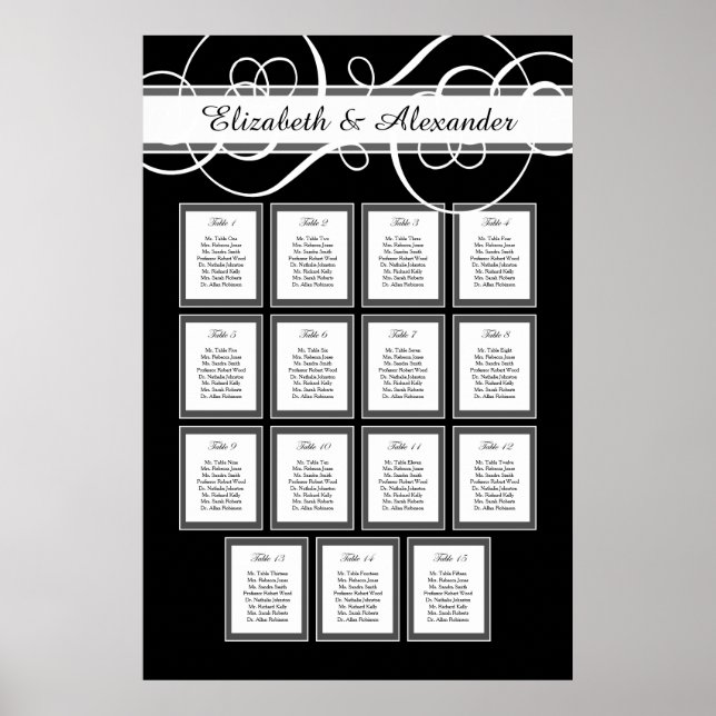 Póster Elegante Boda clásico de 15 asientos de mesa (Frente)