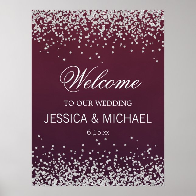 Póster Elegante Boda con Brillo de Plata Burgundy (Frente)