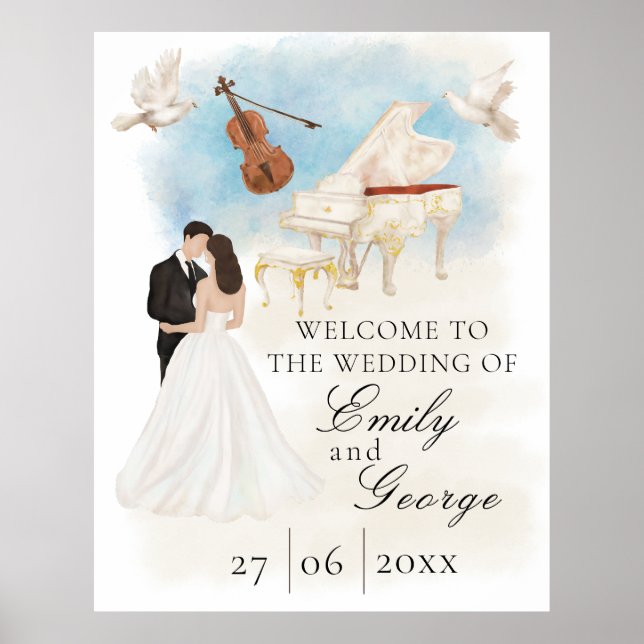 Póster Elegante boda con novia y novio| piano | Violín (Frente)
