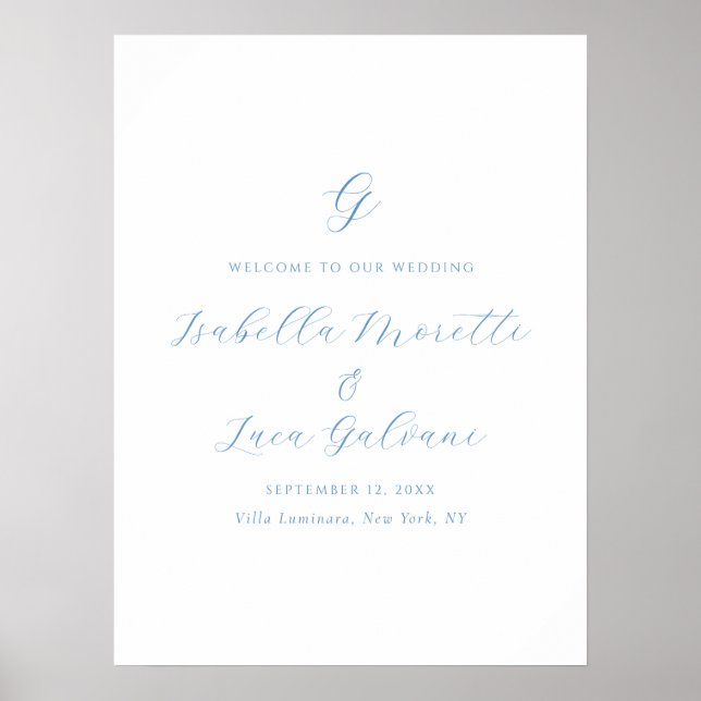 Póster Elegante Boda Costera Chic de Azul y Blanco (Frente)