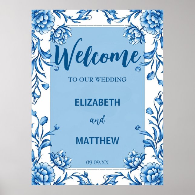 Póster Elegante Boda de antigüedades chinas azul y blanco (Frente)